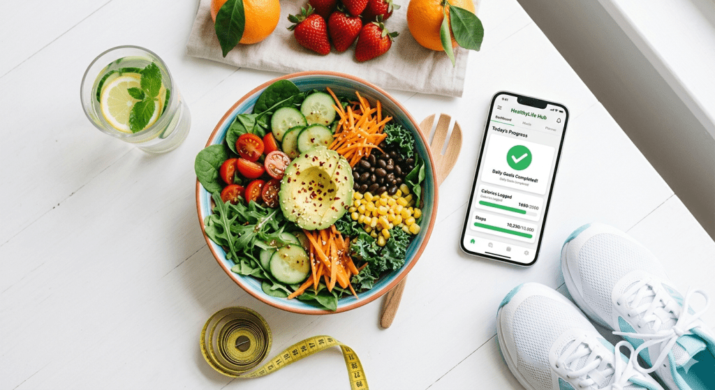 Une alternative saine aux régimes rapides : un bol de salade colorée, une application de nutrition personnalisée et des baskets pour un objectif de perte de poids durable.
