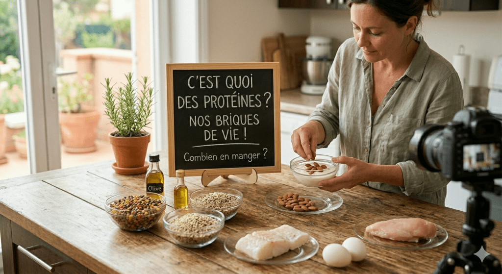 Une femme qui explique c'est quoi des protéines en préparant un bol de skyr avec des amandes entourée de sources de protéines.
