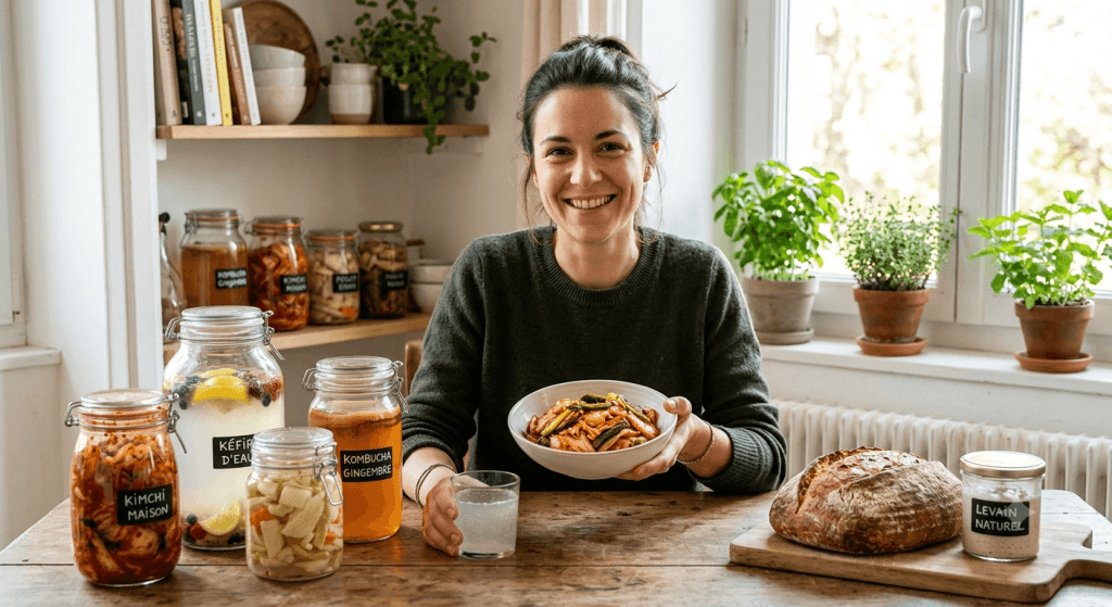 Une femme sourit en tenant un bol de kimchi, entourée de bocaux maison de kéfir d'eau, de kombucha et d'un pain au levain naturel sur une table.