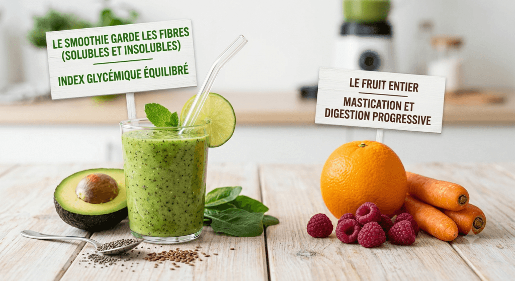 Un smoothie vert aux fibres alimentaires à côté de fruits entiers pour comparer leur index glycémique.