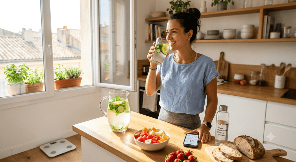 Une femme boit un verre d'eau infusée au citron et concombre dans sa cuisine en été, à côté d'un bol de pastèque et d'une bouteille Bloodyme.