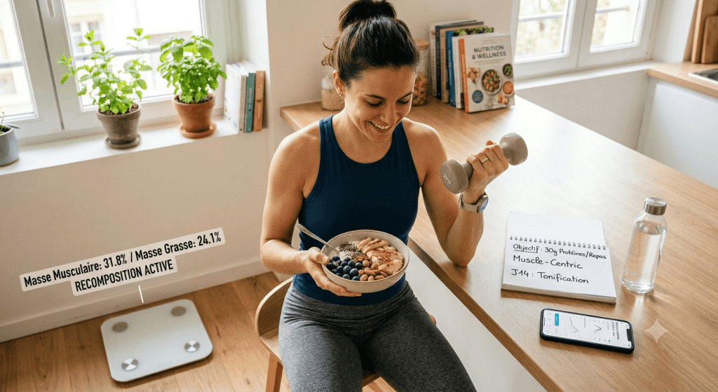 Une femme sourit dans sa cuisine en tenant un bol riche en protéines et une petite haltère, à côté d'une balance impédancemètre et d'un carnet de notes fitness.