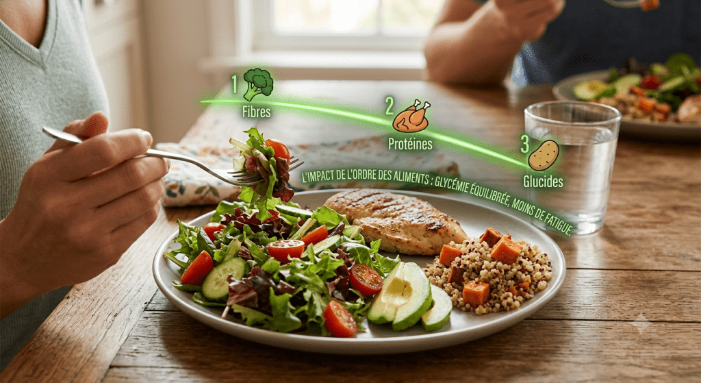 Personne mangeant une salade de légumes comme première étape d'un repas équilibré pour stabiliser la glycémie.