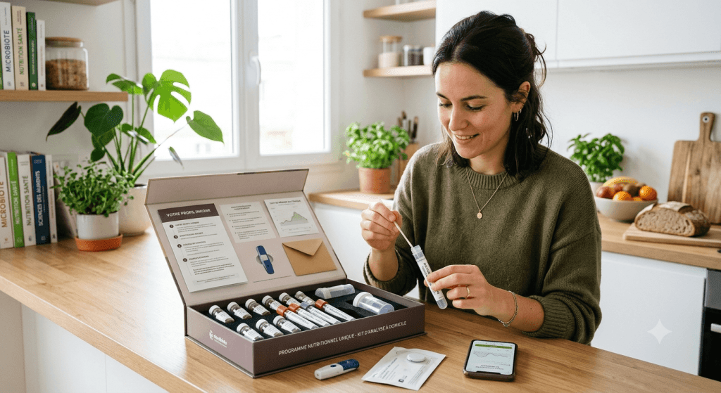 Une femme sourit dans sa cuisine en ouvrant un kit de tests de microbiote à domicile contenant des tubes d'échantillons, un capteur de glycémie et son smartphone.